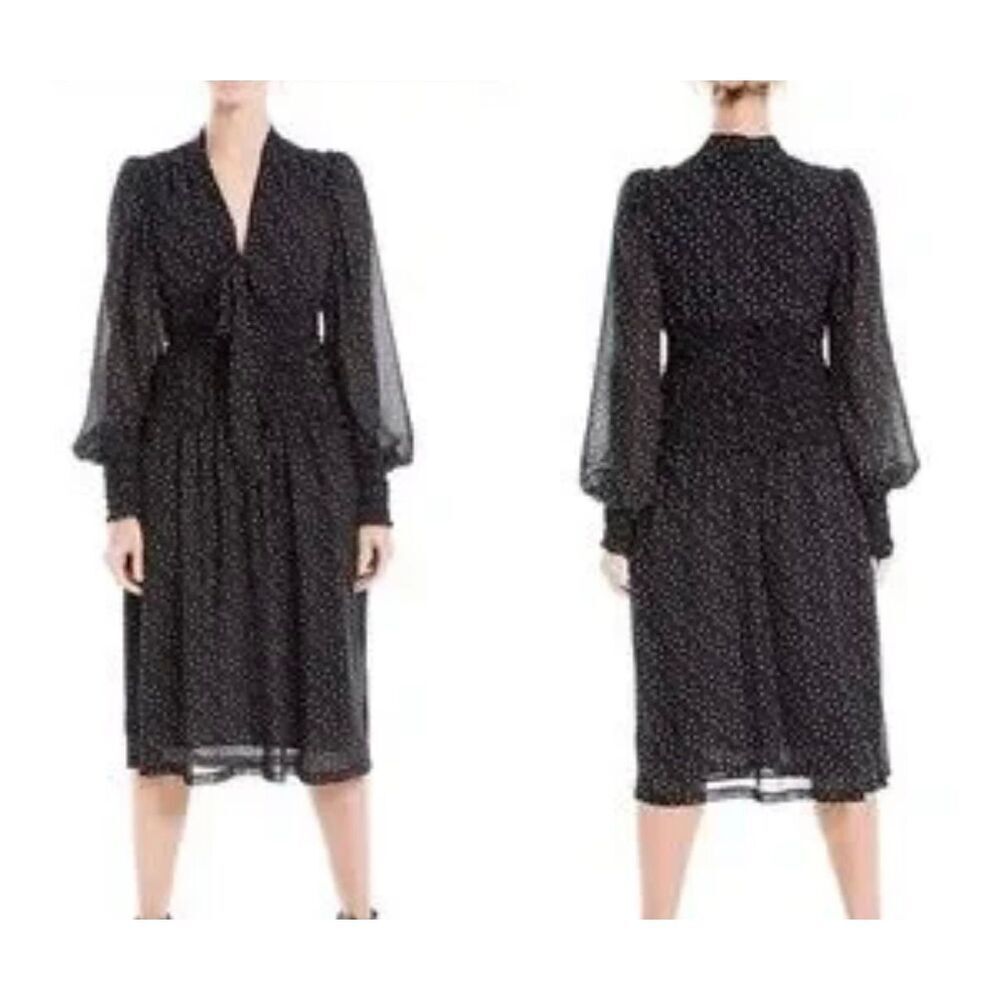 Max studio black polka dot smocked waist long sleeve dress size small